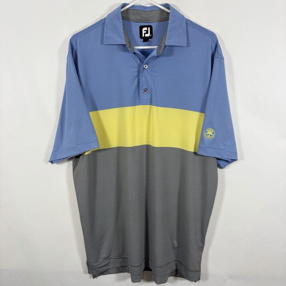 Footjoy Golf Polo Shirt Mens Medium Blue Yellow Colorblock Country Club Logo